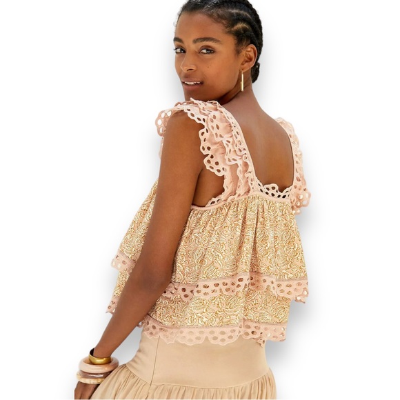 ANTHROPOLOGIE Let Me Be Layered Ruffle Peach Eyelet Swing Top Feminine Blouse - Picture 5 of 16